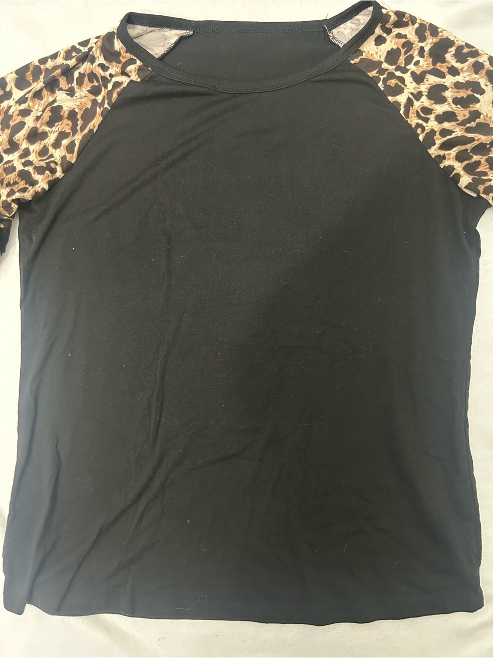 Black Short-Sleeve Tee with Leopard-Print Ruffle Sleeves